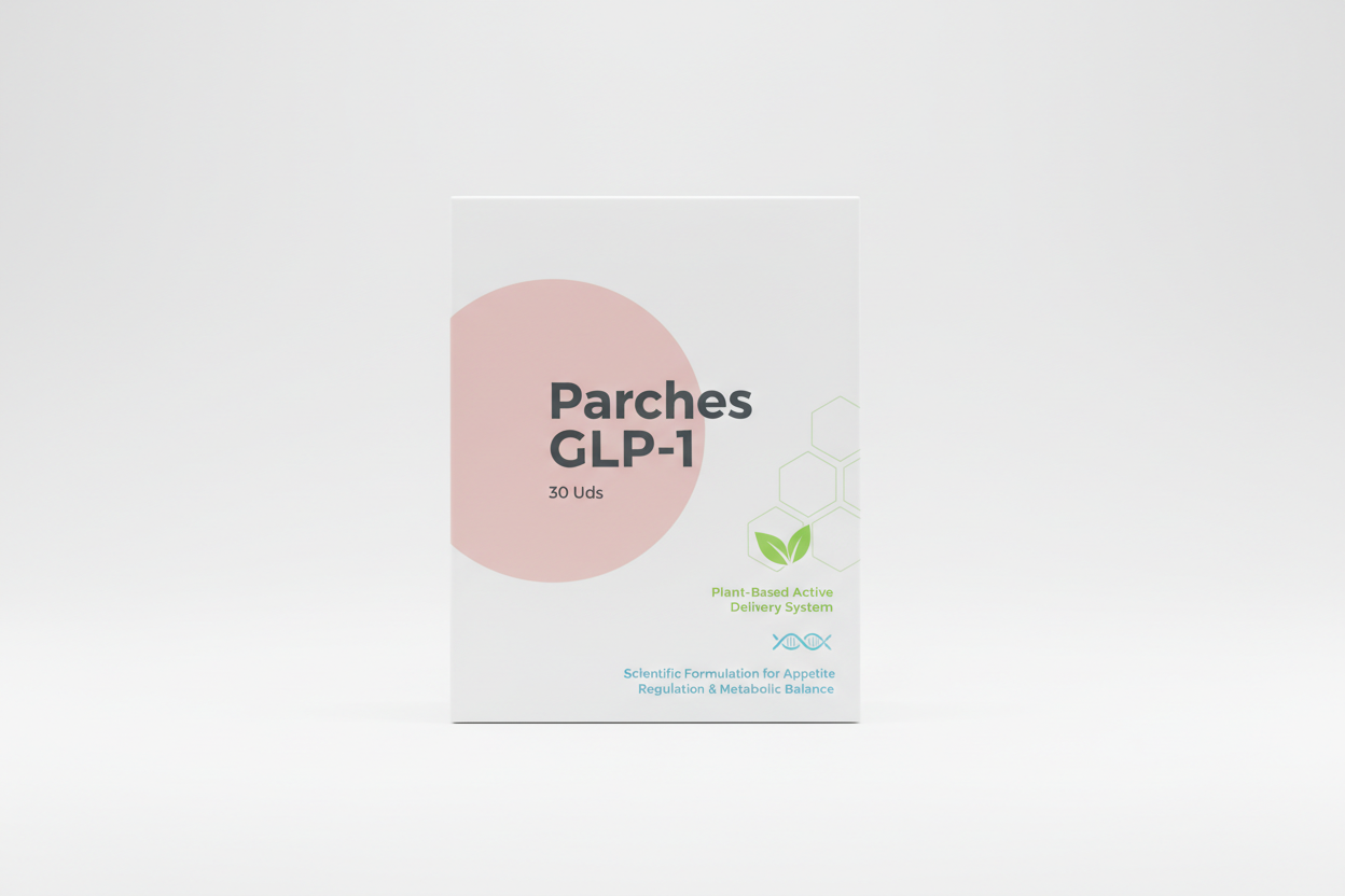 Parches GLP-1 | 30 Uds. La formación científica regula con precisión el apetito y el equilibrio metabólico sistema de entrega activa de plantas puras, haz una caja tiene que ser blanca con un circulo rosa, el fondo de la imagen color blanco 
